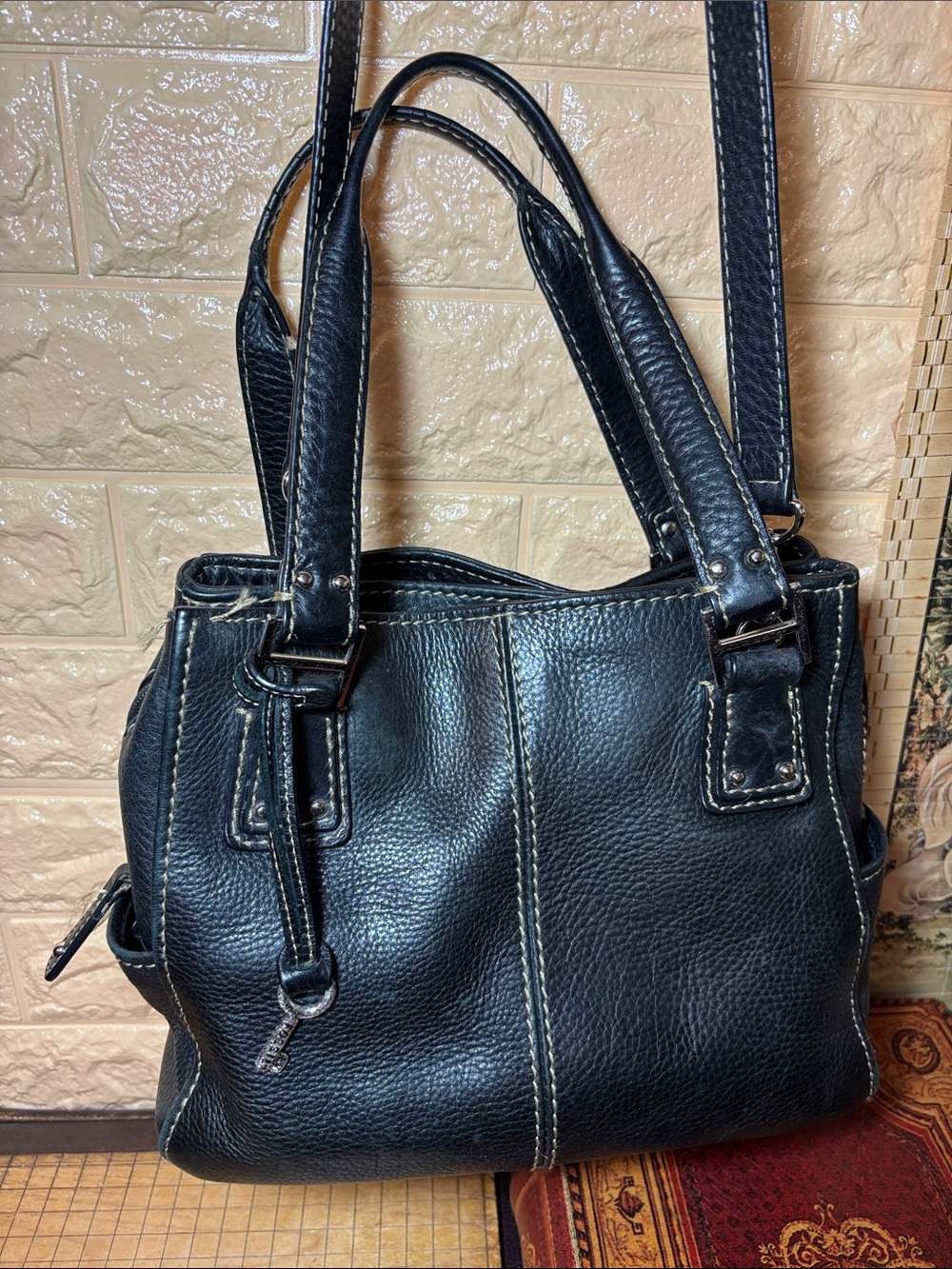 Fossil Leather Bag Bright Black Pebbled Satchel w Silver w Shoulder Strap - Picture 3 of 17